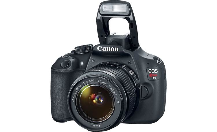 Canon EOS Rebel T5 Kit Front, with built-in flash deployed