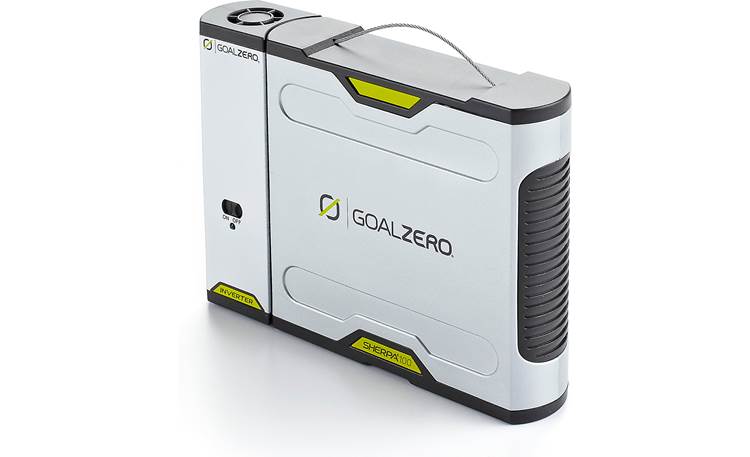 Goal Zero Sherpa 100 Solar Kit Angled view of Sherpa 100 with AC inverter