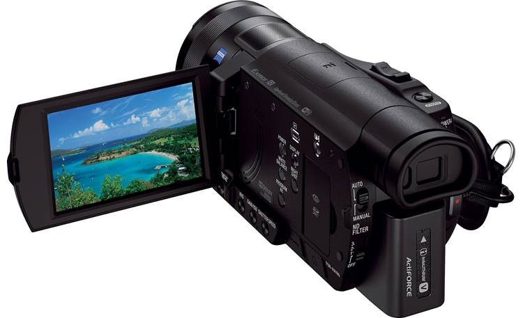 Sony Handycam® FDR-AX100 Rear view with viewscreen deployed