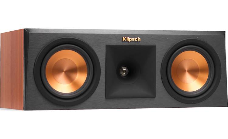 Klipsch Reference Premiere RP-250C Angled front view with grille removed (Cherry)
