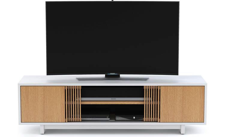BDI Vertica 8559 White Oak with center doors partially opened (TV and components not included)