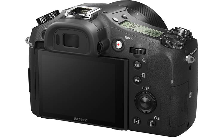 Sony Cyber-shot® DSC-RX10M2 Angled back view showing body-top display panel and dials