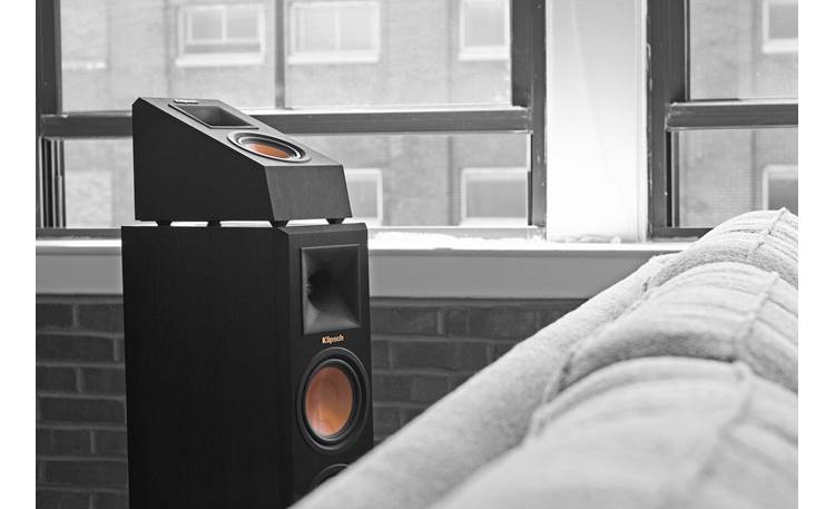 Klipsch Reference Premiere RP-140SA Placed on top of a Klipsch floor-standing speaker