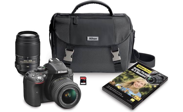 Nikon D5300 Two Zoom Lens Bundle Nikon D5300 two-lens kit with 18-55mm and 55-300mm VR lenses, bag, 32GB memory card, and DVD