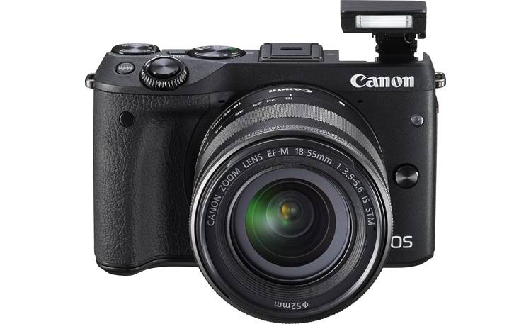 Canon EOS M3 Kit with Lens Mount Adapter for Standard Canon Lenses Front, with flash popped up