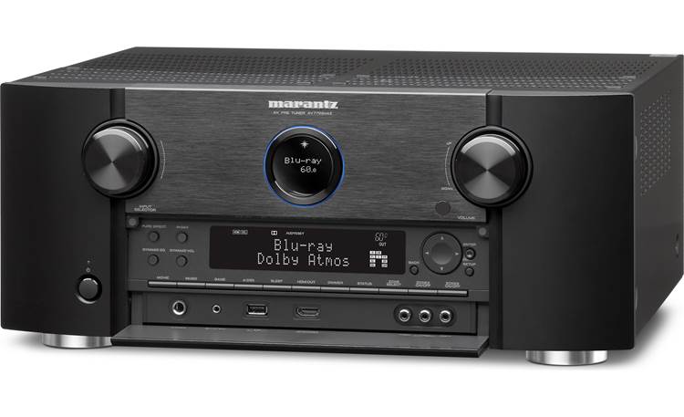 Marantz AV7702mkII Angled front view with front-panel door lowered to reveal display, controls, connections