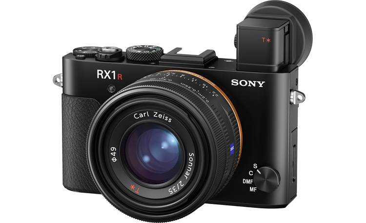 Sony Cyber-shot® DSC-RX1R II Angled front view with OLED viewfinder extended and eyecup attached