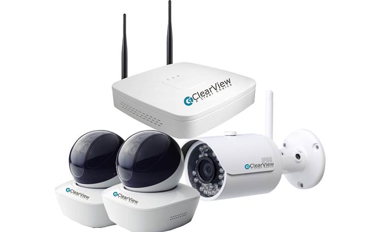 ClearView Wireless Indoor/Outdoor Bundle System includes 2 indoor surveillance cameras, 1 indoor/outdoor surveillance camera, and a network video recorder