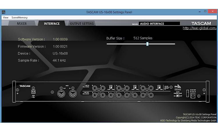 Tascam US-16x08 On-screen controls for recording settings