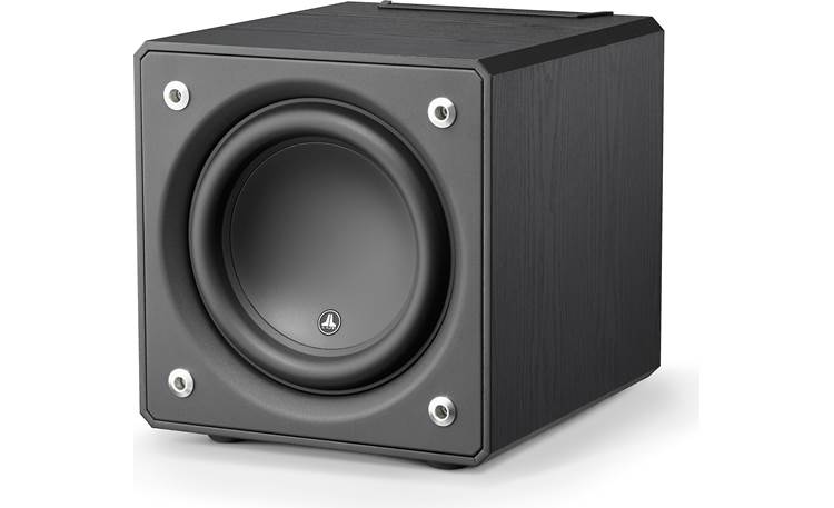 JL Audio E-Sub e110 Angled front view with included grille removed
