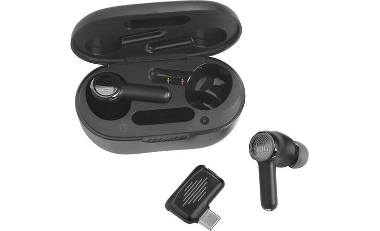 JBL Quantum TWS Earbuds and USB transmitter neatly fit in charging case