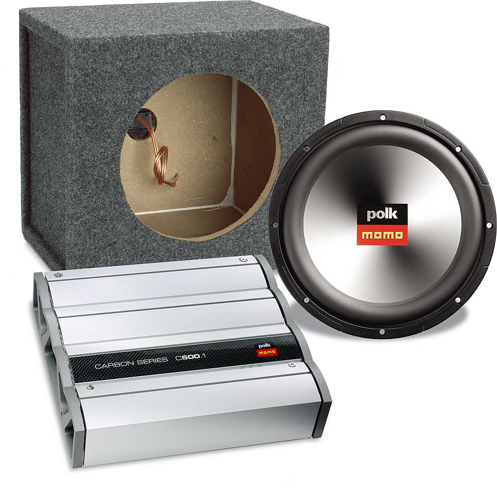 Polk/MOMO Bass Package C500.1 mono amplifier MM2104 10" subwoofer QLogic subwoofer box at