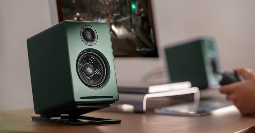 Audioengine A2+ speakers connected to desktop computer