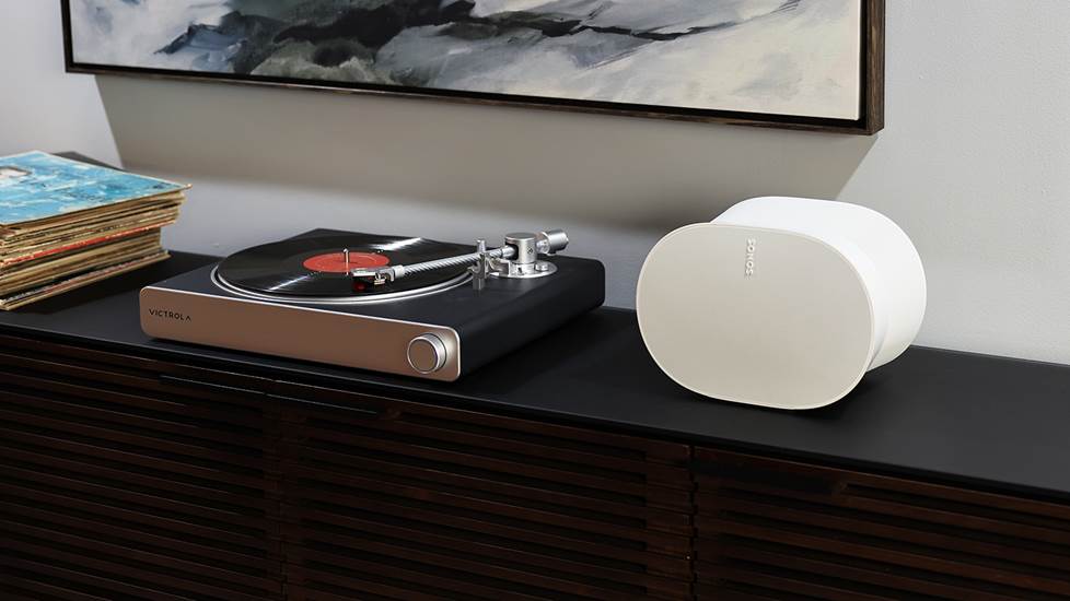 A Victrola Stream Carbon turntable wirelessly connected to a Sonos Era 300 speaker
