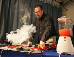 Vendor training demonstration showing smoke and a blender