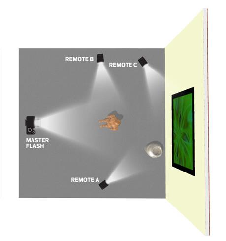 3D illustration of multiple off-camera flash photography