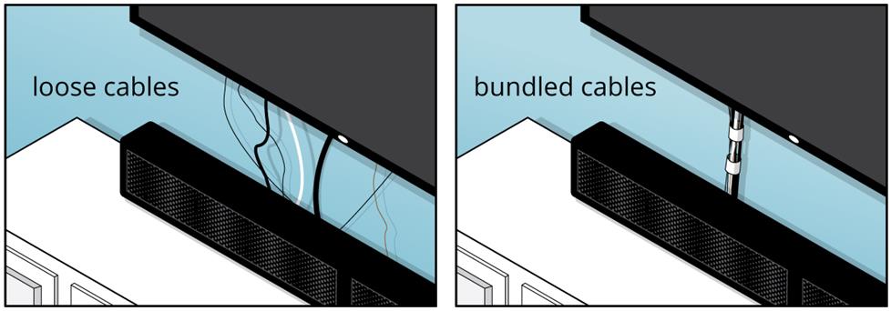 Loose versus bundled cables under a TV.