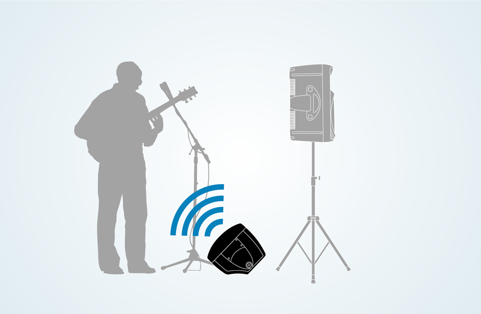 Illustration of a monitor speaker aimed at musician