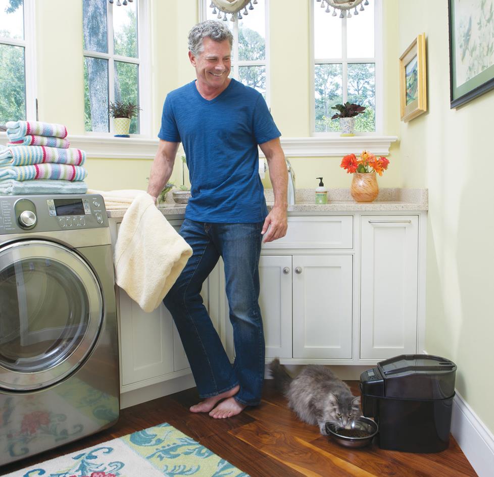 Man watches his cat eating out of a Meal Master feeder.