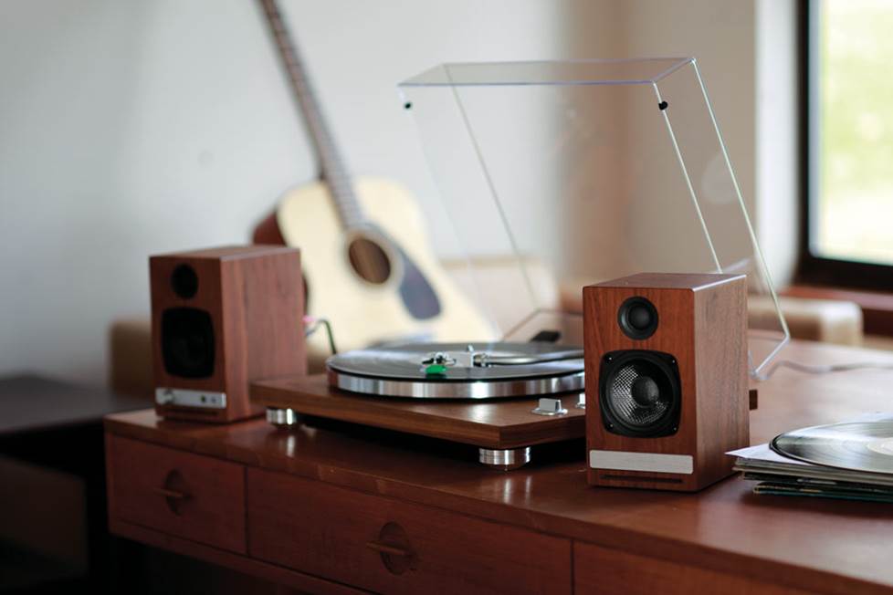 Powered stereo speakers and a turntable