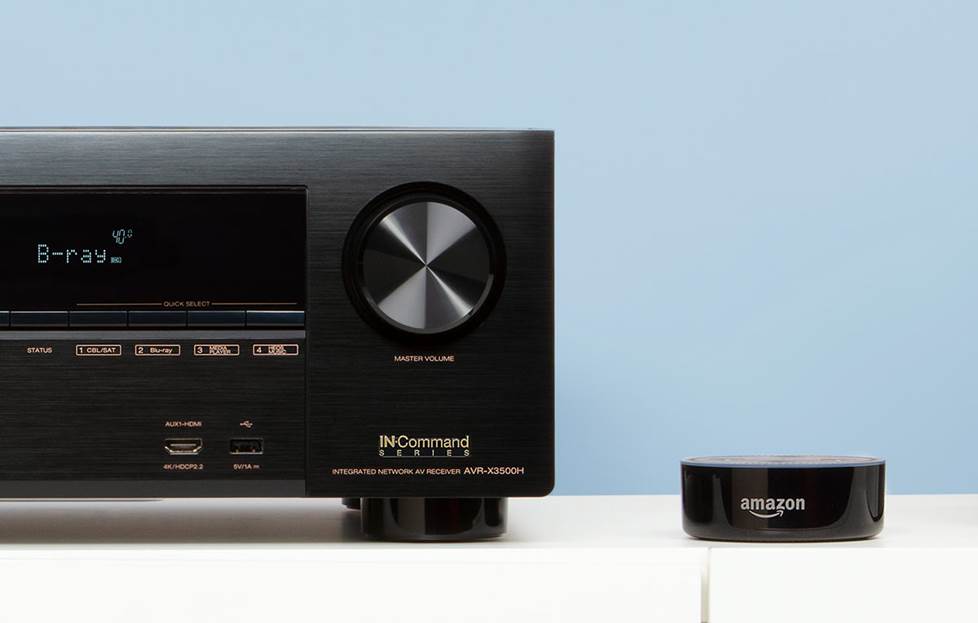 Denon receiver next to Amazon Echo Dot