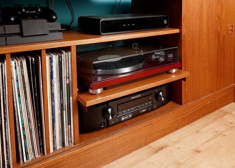 Wood cabinet with turntable and home theater receiver