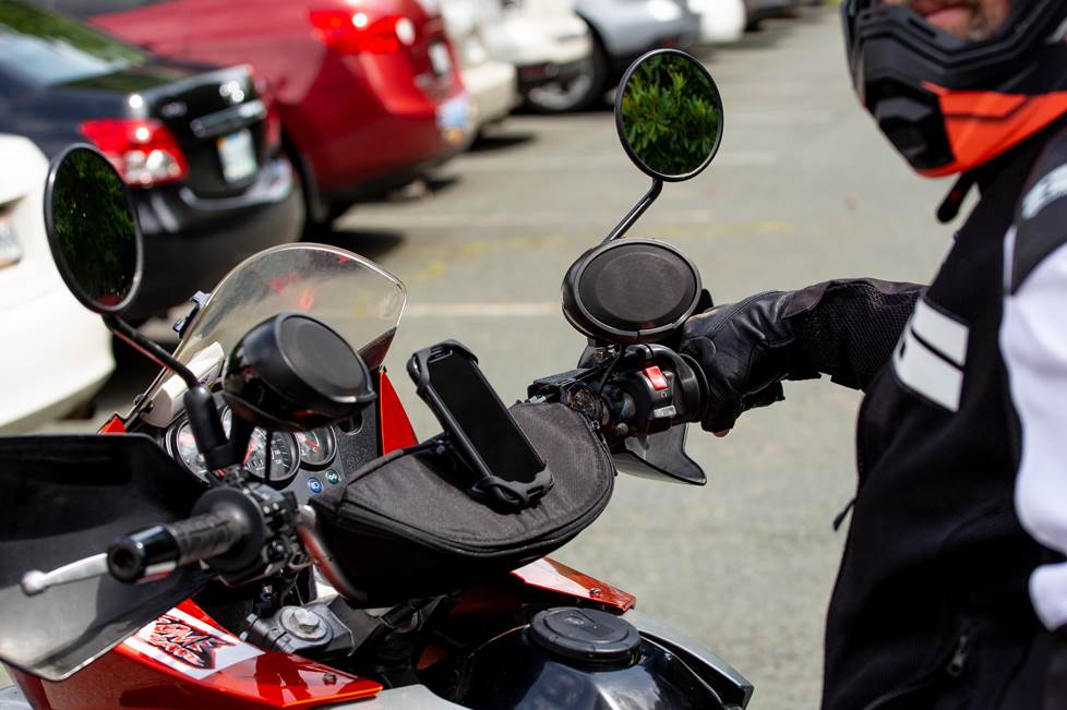 Close up view of JR's JBL Cruise speakers installed on his bike.