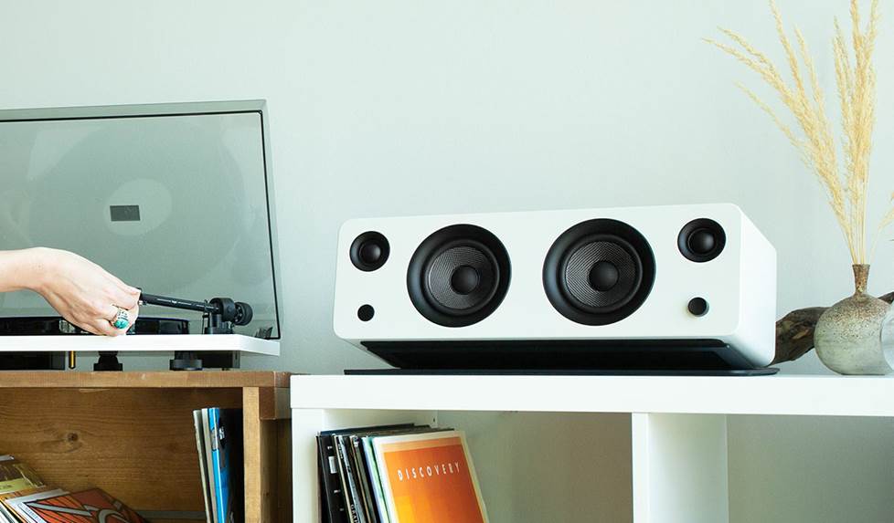 speaker on shelf with turntable