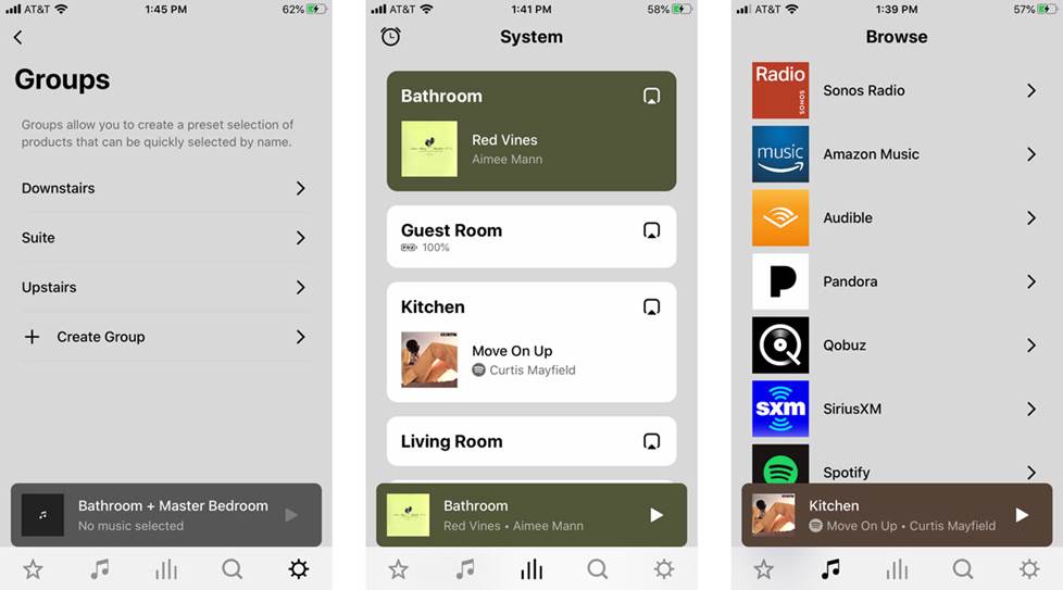 Sonos app for screen shoots showing rooms, groups and browse music & audio