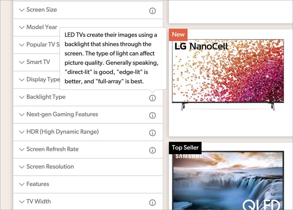 screenshot of Crutchfield tv sorting options