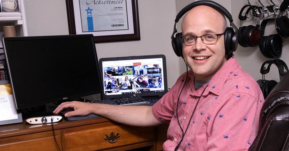 Jeff in his home office listening to his headphones and DAC