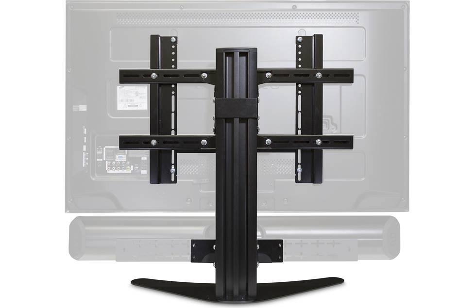 A TV stand with a TV and sound bar attached