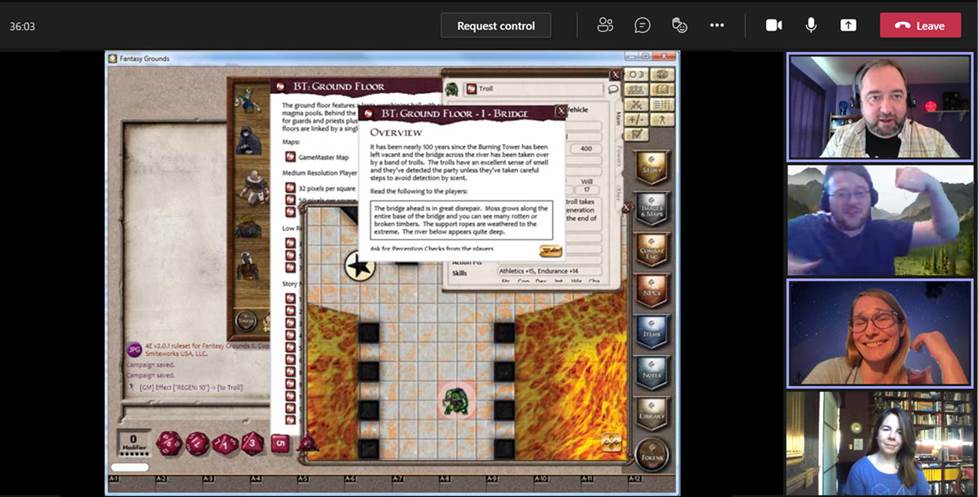 Screen capture of a online "meeting" sharing a screen of the game