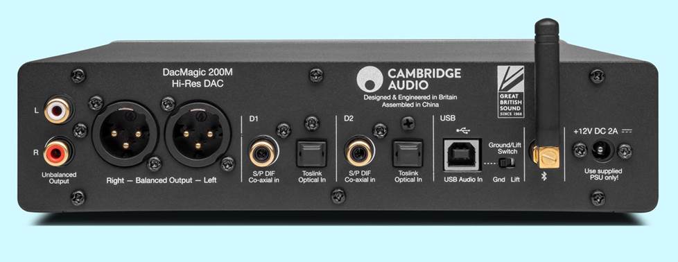 photo of the back panel of the Cambridge Audio DacMagic 200M Stereo DAC/headphone amplifier/preamp