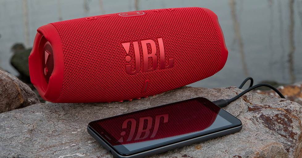 the JBL charge 5 bluetooth speaker charging via a phone