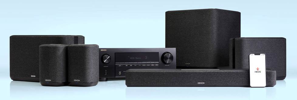 Photo of HEOS speakers, sound bar speakers, and receivers