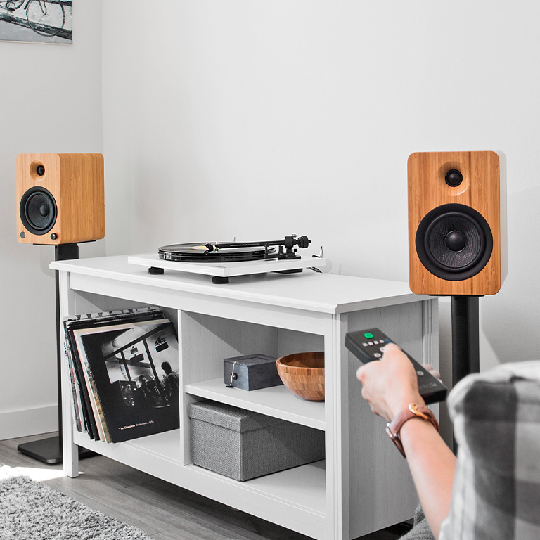 Powered speakers take up relatively little space, and they're great for gaming, TV watching, and music listening. Let us help find your perfect pair.