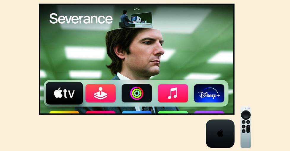 Photo of an AppleTV box with a TV. The show Severance is on screen.