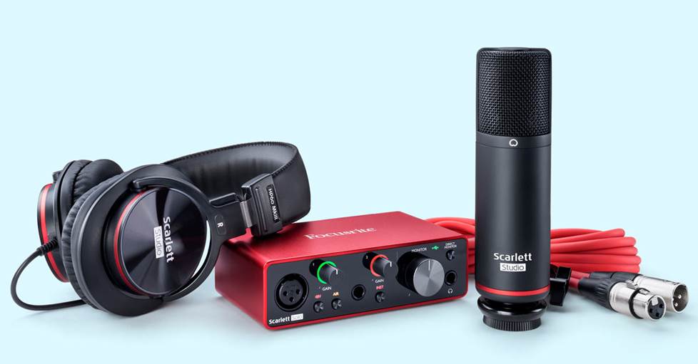 Focusrite Scarlett Solo Studio (3rd Generation) Home recording bundle including interface, headphones, mic, and a cable