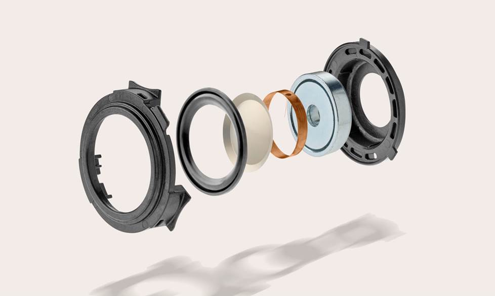 Exploded view of the interior parts of a speaker driver.