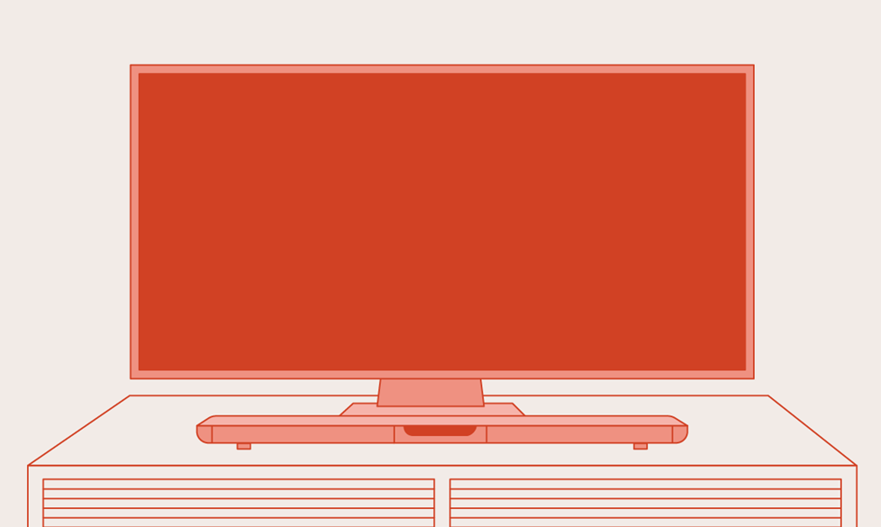 Illustration of a TV with a soundbar sitting on the console beneath it.