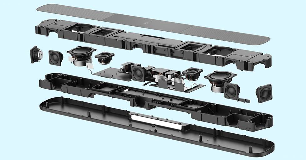 Sennheiser AMBEO Plus exploded view with up-firing drivers