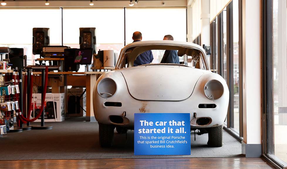 Unrestored Porsche 356 on display at a Crutchfield retail showroom