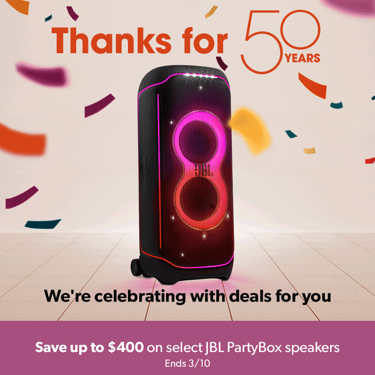 Thanks for 50 years! We're celebrating with deals on our popular brands. Save up to $400 on select JBL PartyBox speakers (ends 3/10). Save up to $420 on bookshelf speakers. Save up to $500 on select Sennheiser headphones.