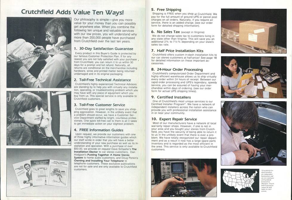 1984 catalog article titled "Crutchfield add value in ten ways!"