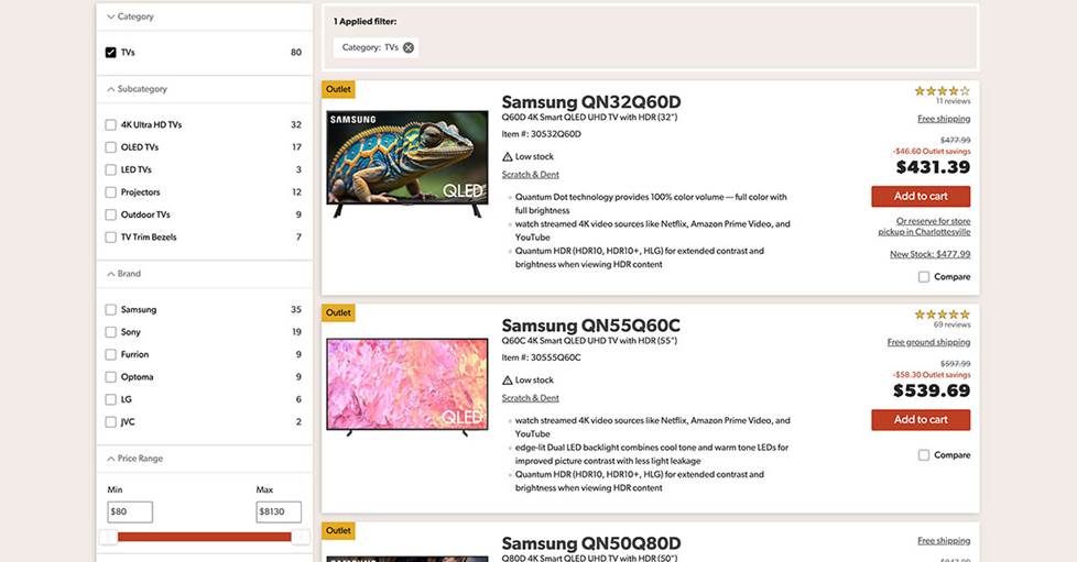 screenshot of the crutchfield outlet tv deals page