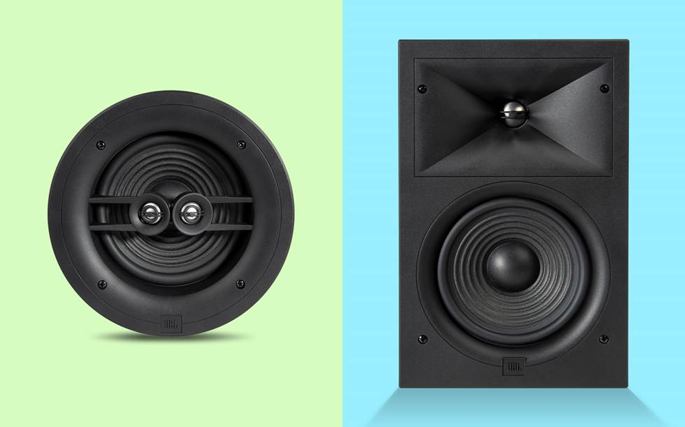 An in-ceiling JBL speaker and an in-wall JBL speaker side by side.