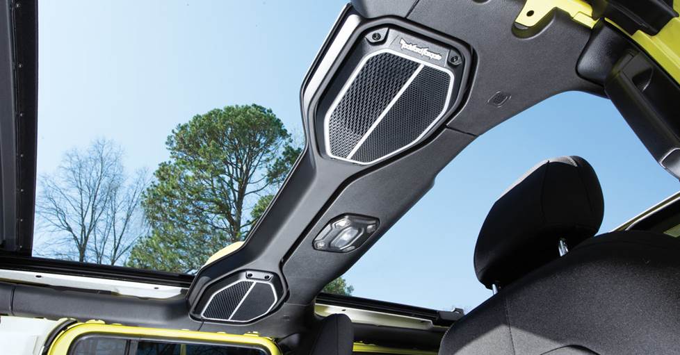 The overhead sound bar installed in Jason's Jeep