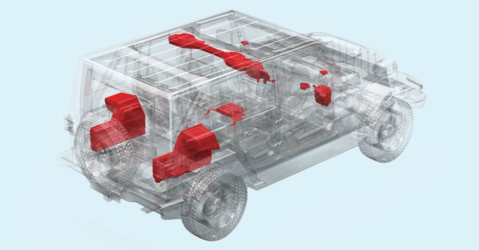 A semi-transparent view of a Jeep, showing the locations of all the parts of the system.