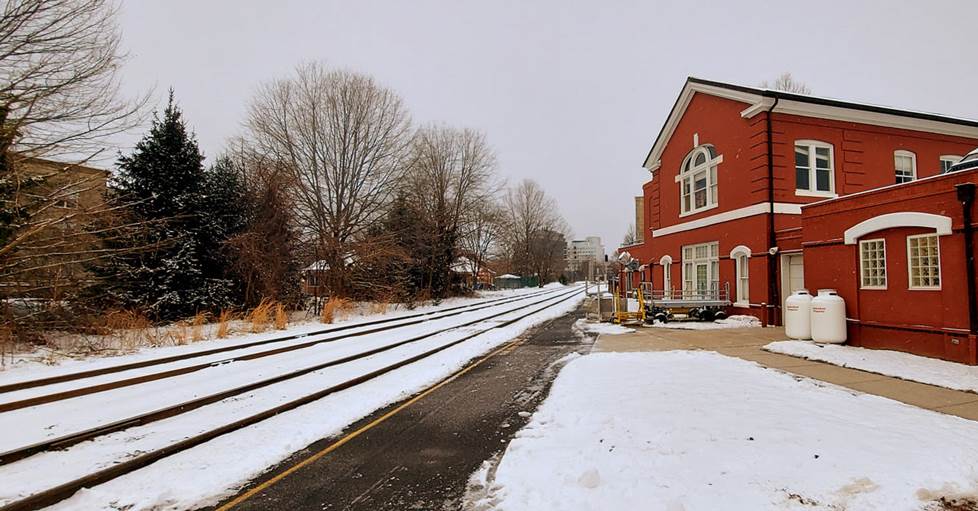 image of the train station in Charlottesville, with train tracks going off into the distance